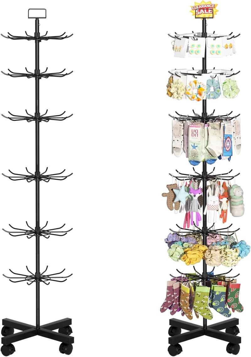 Exttlliy Retail Display Stand Store Display Rack 6 Tier Metal Spinning Display Stand Rack with Wheels Keychain Jewelry Stocking Hat Stand with Hooks for Malls, Showroom, Retail Store (6 Tier Black) - Image 1